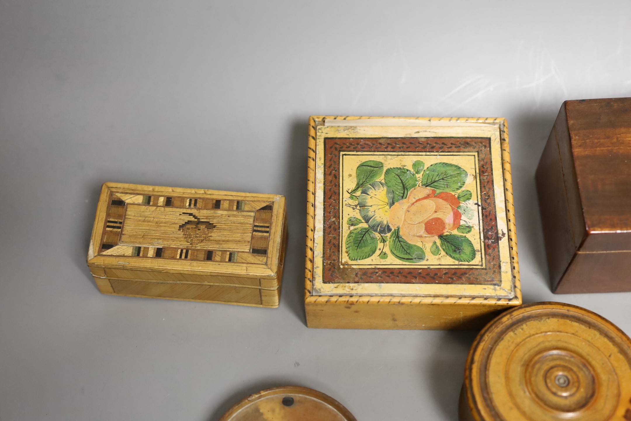 A selection of 19th century treen boxes, tallest 9cm, (7)